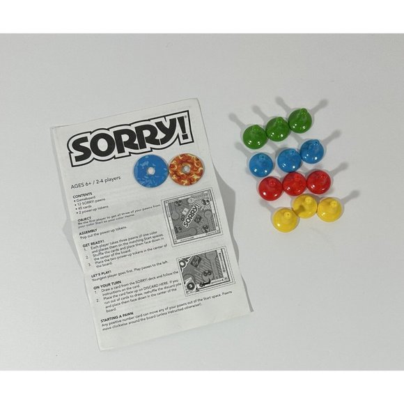 Sorry Board Game Replacement Pieces 12 Pawns 2 Power Up Tokens Instructions - Picture 1 of 5